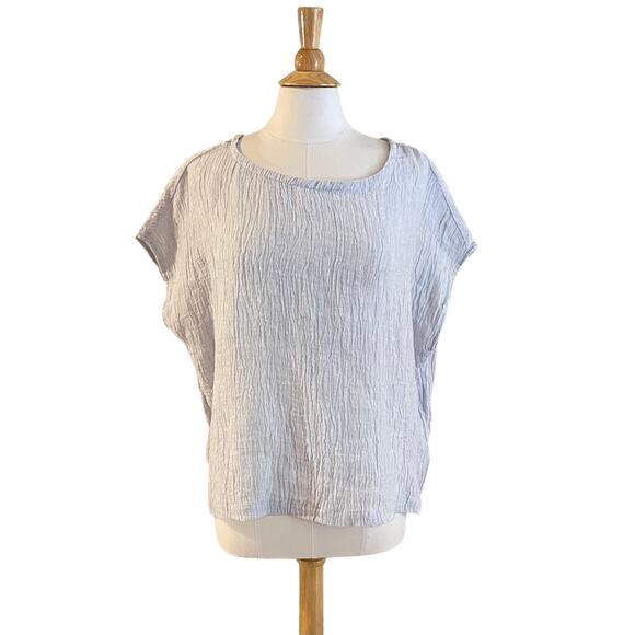 Tahari Baby Blue Short Sleeve Gauzy Textured 100% Linen Blouse, Size L - Picture 1 of 8